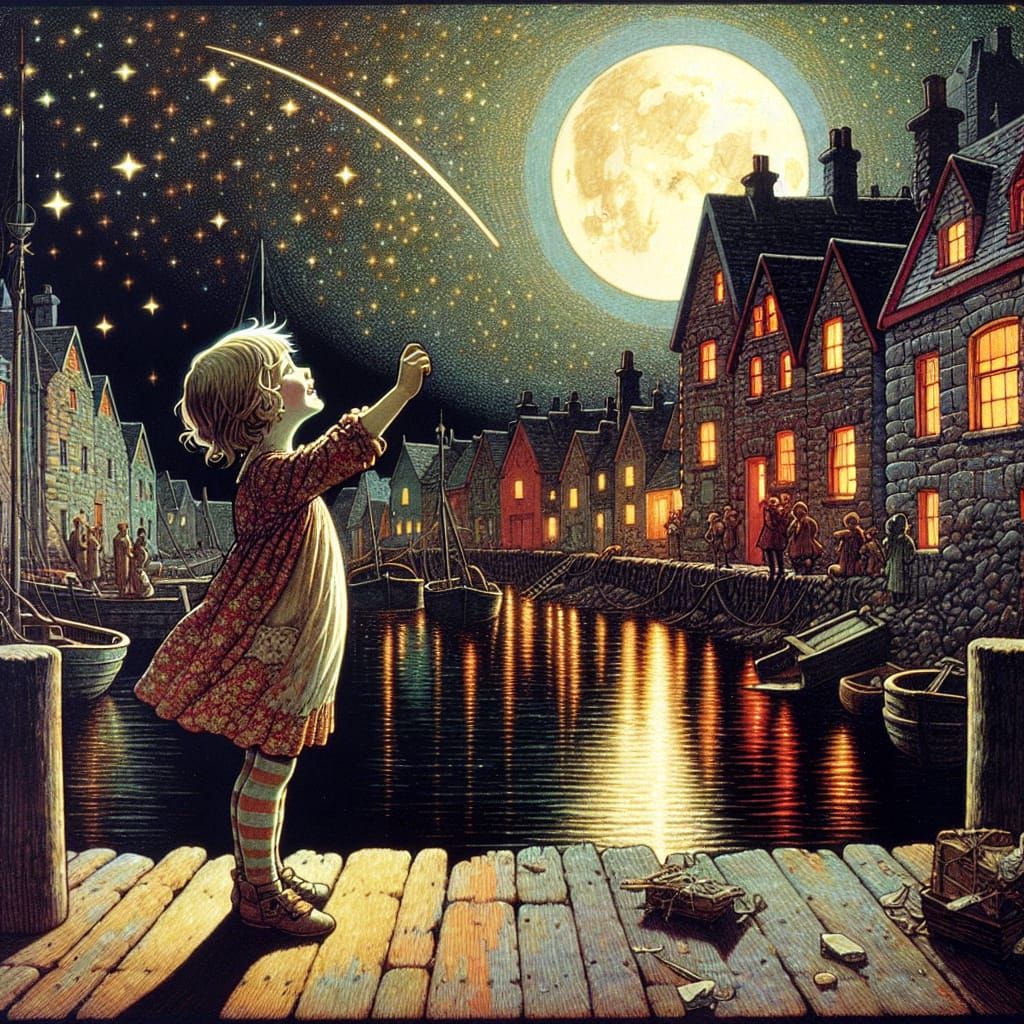 Girl Watches Shooting Star in Vintage Illustration Style