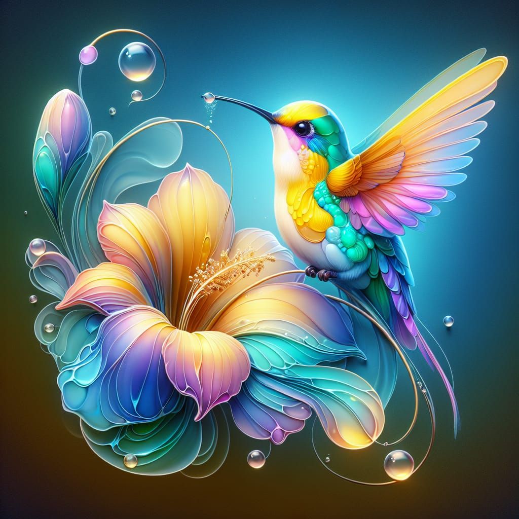 Hummingbird in Anime Style with Dewdrops
