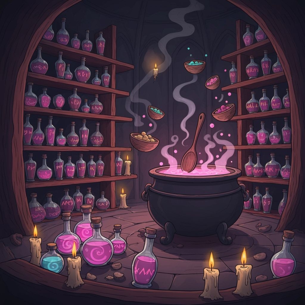 Gothic Potion Chamber with Bubbling Cauldron