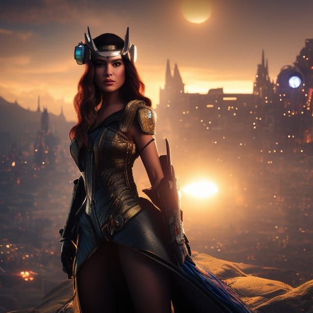 Cyberpunk Girl Portrait in Castle at Sunset