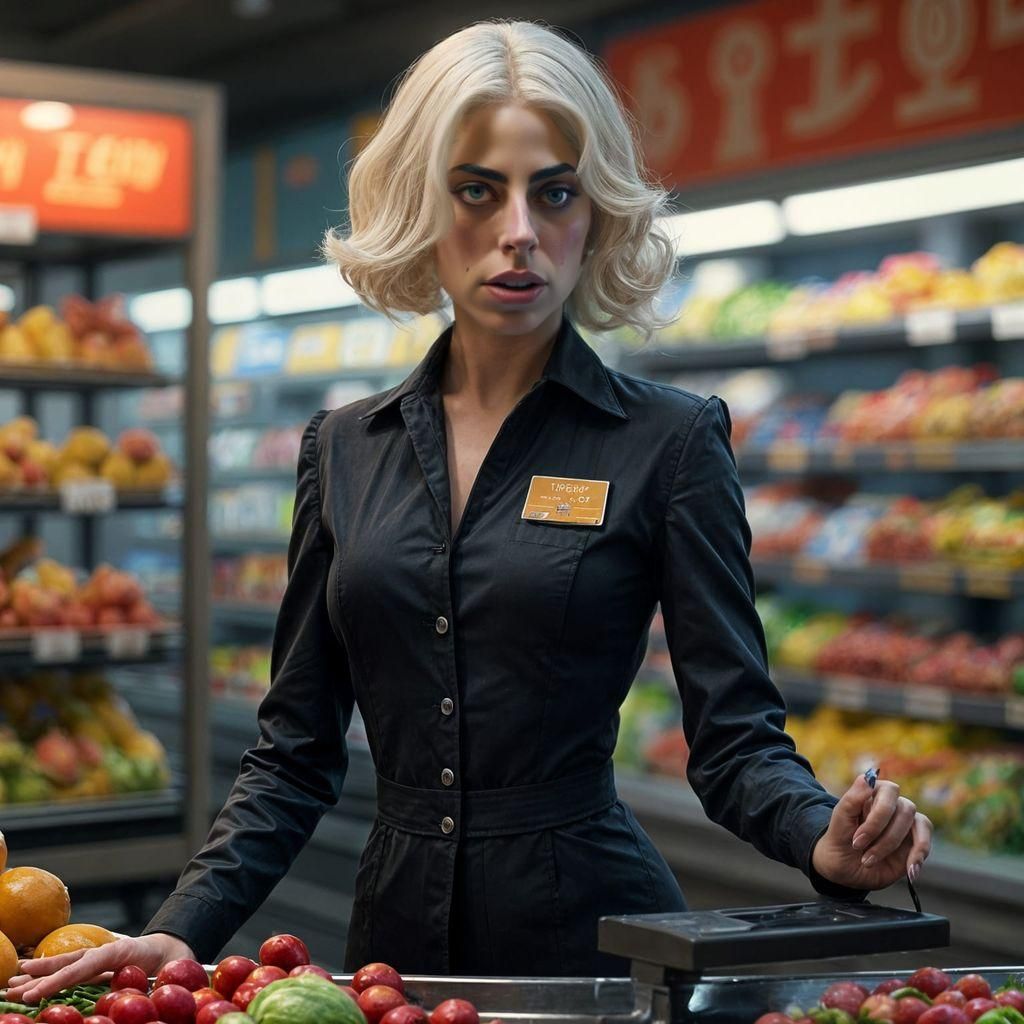 Hyperrealistic Lady Gaga Working at Supermarket Checkout