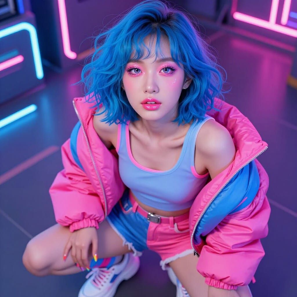 Cyberpunk Woman with Blue Hair and Rainbow Nails