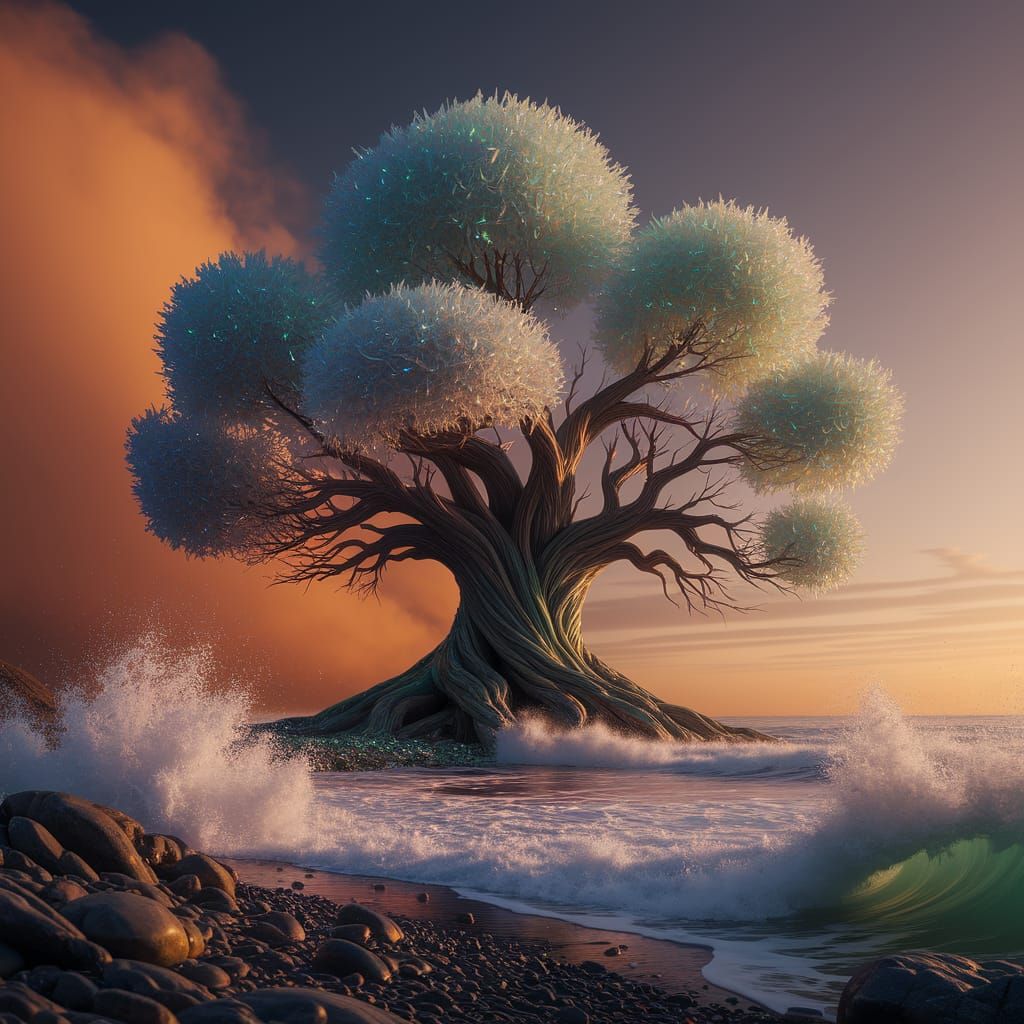 Ancient Sea Glass Tree Sculpture on Rocky Shore