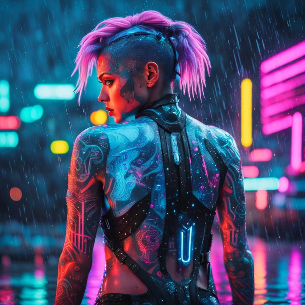 Cyberpunk Tattooed Woman in Ice Armor, Neon Rain