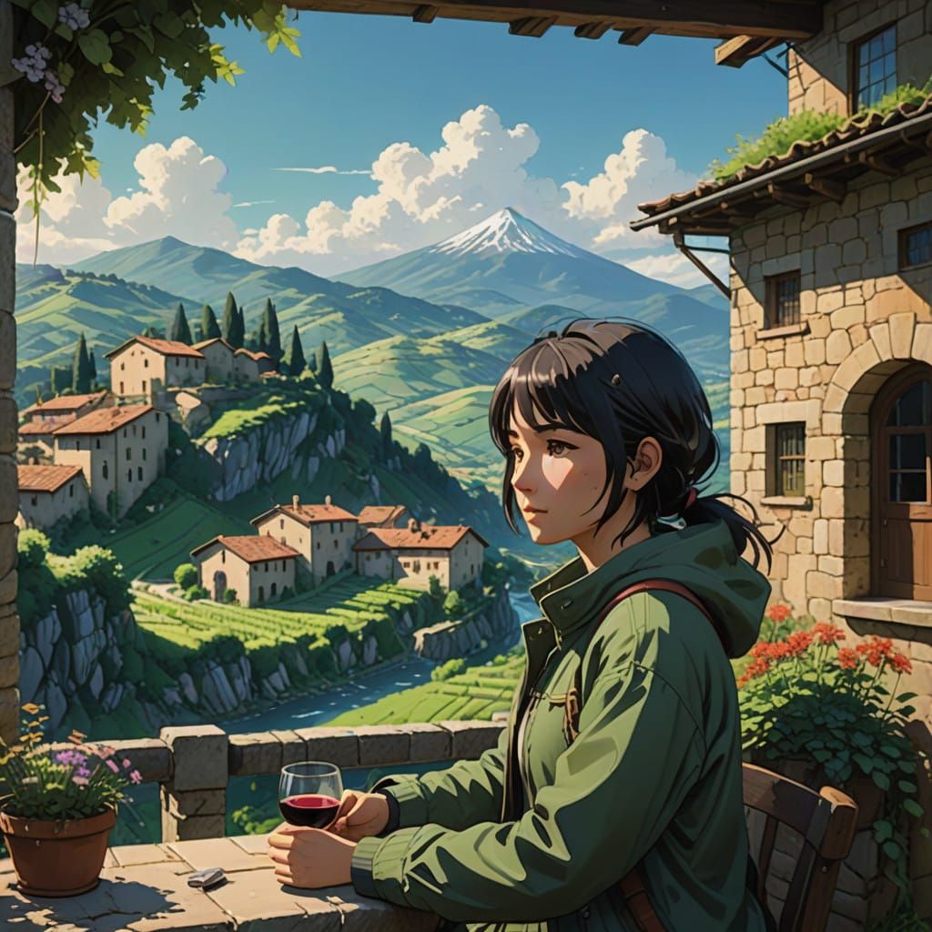 Italian Countryside Serenade in Studio Ghibli Style