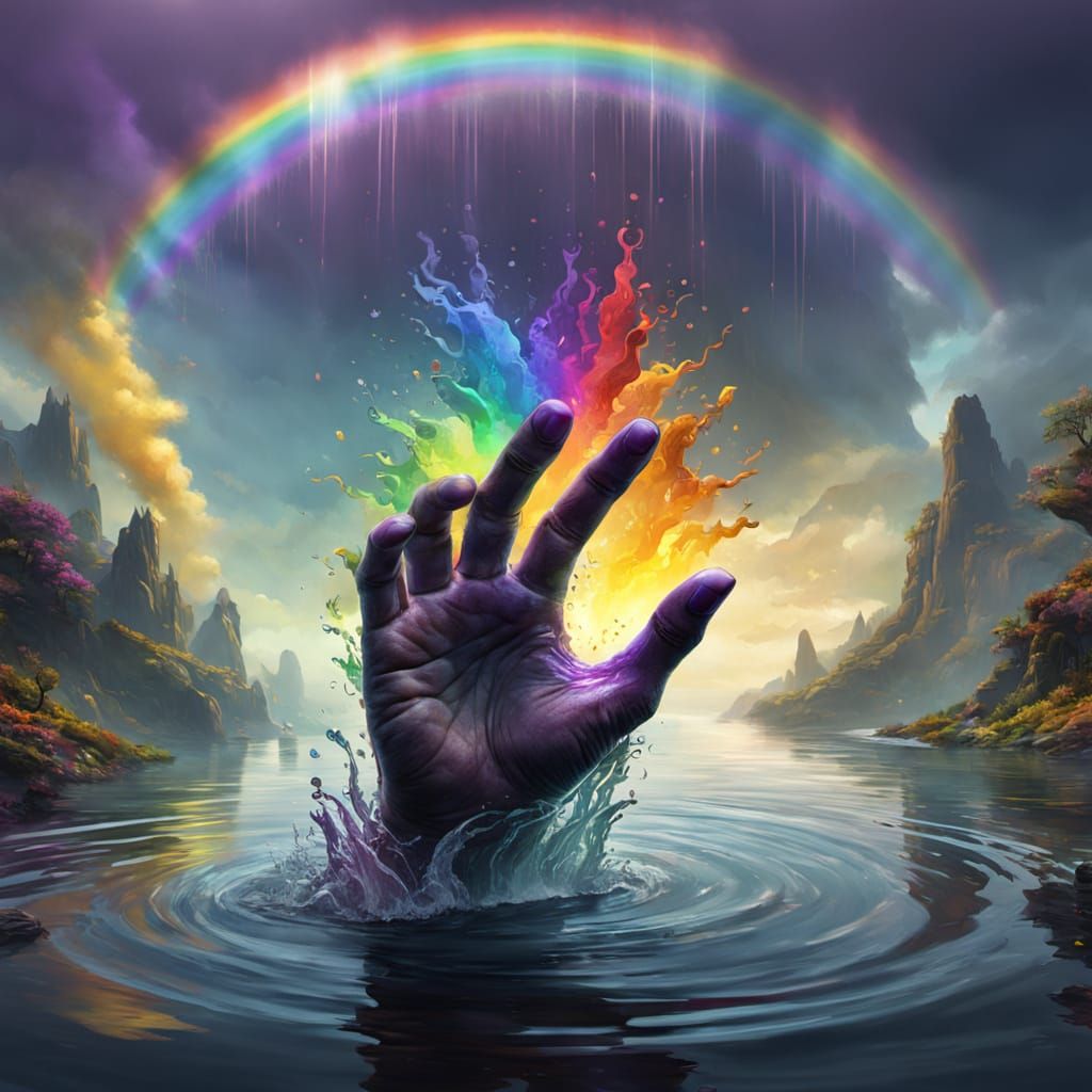 Ethereal Hand Reaches for Vibrant Rainbow in Dark Fantasy Ar...