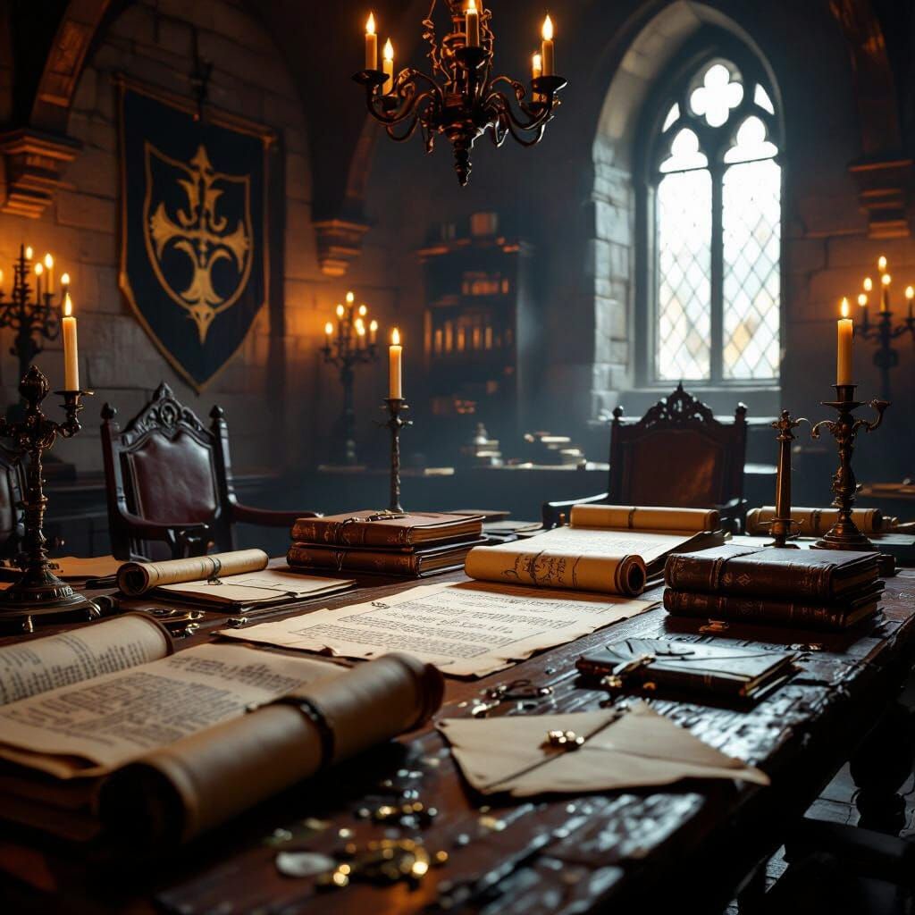 Medieval Council Room: Scrolls, Swords, and Clan Symbol