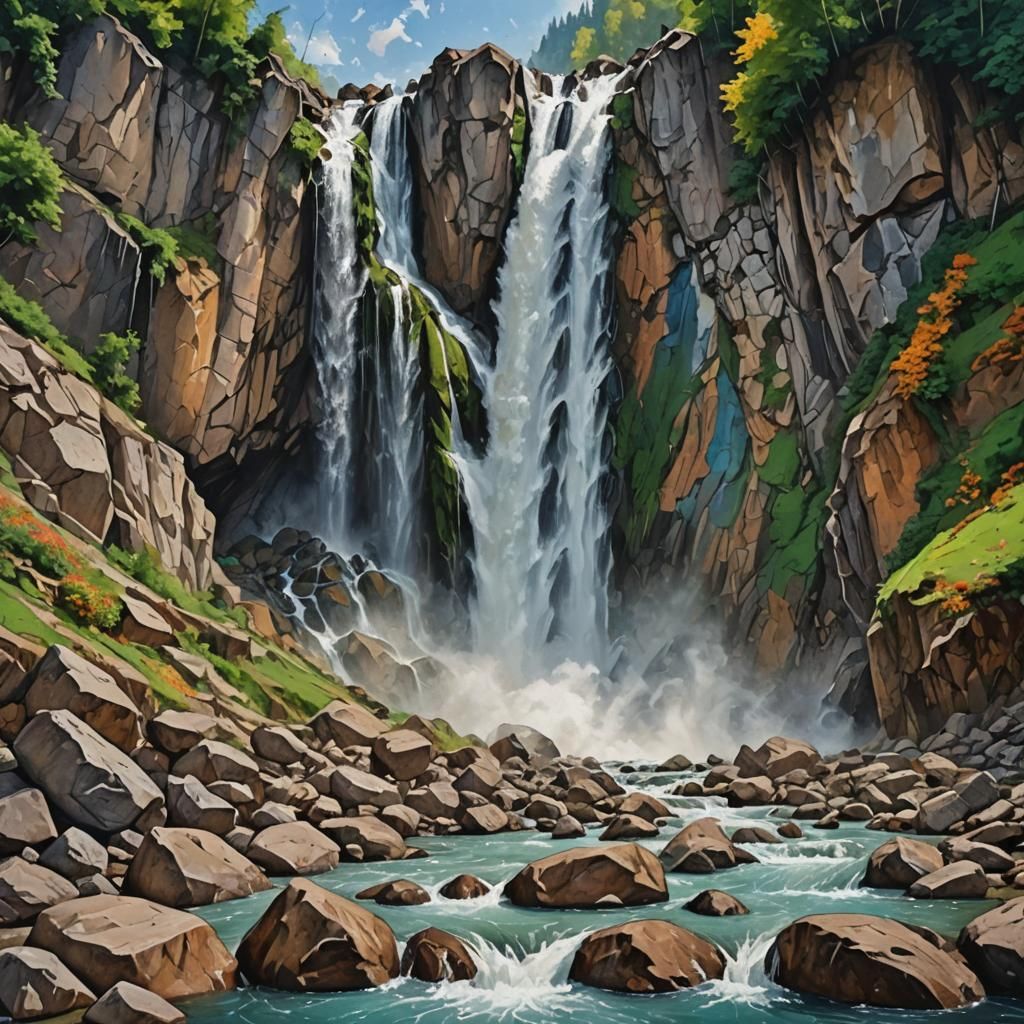 Aharball Waterfall Kashmir in Hyperrealistic Splash Art