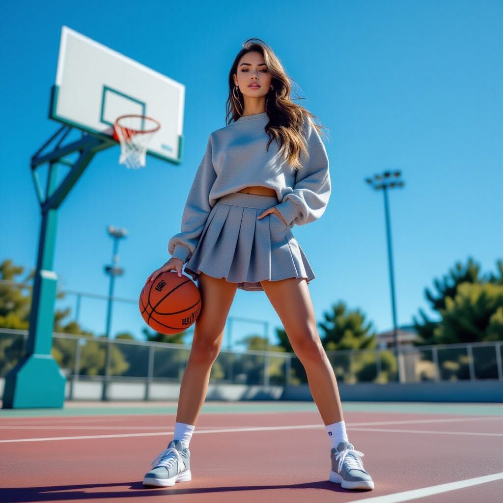 Young Woman Poses Confidently on Basketball Court