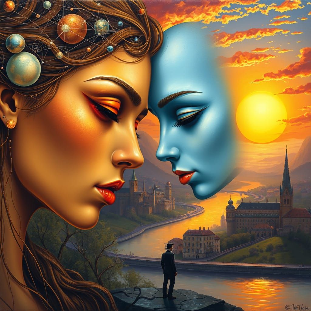 Ethereal Women in Cosmic Landscape Painting