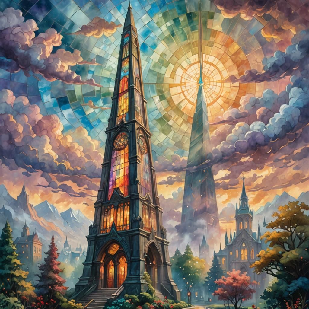 Stained Glass Obelisk in Impressionist Gouache Style