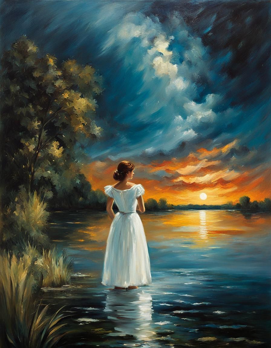 Woman Bathing in Lake at Night, Oil Painting