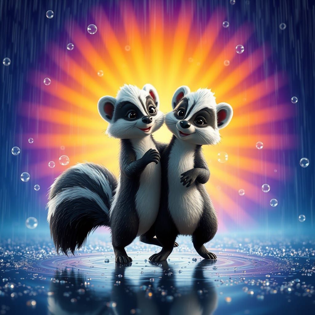 Whimsical Skunk Couple Dancing in a Rainy Downpour