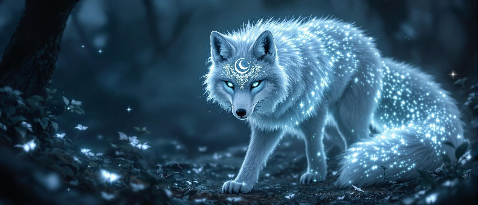 Mystical Silver Fox in Moonlit Forest