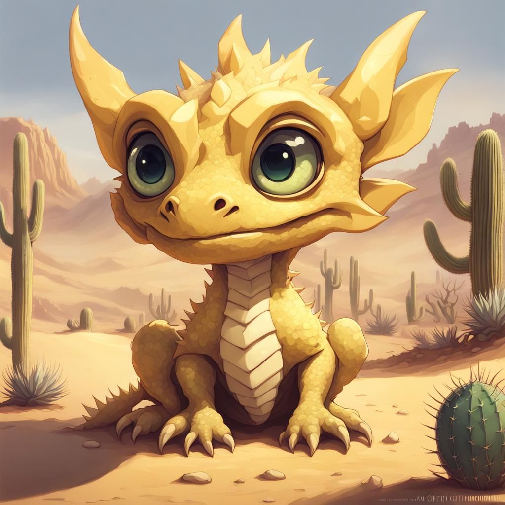 Chibi Dragon in Desert Landscape, Detailed Portrait