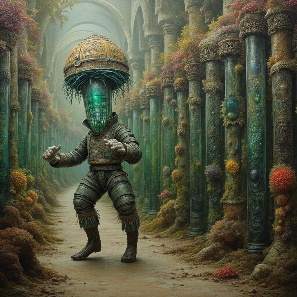 Surreal Alien Carrying Olmec Head in Glass Cave