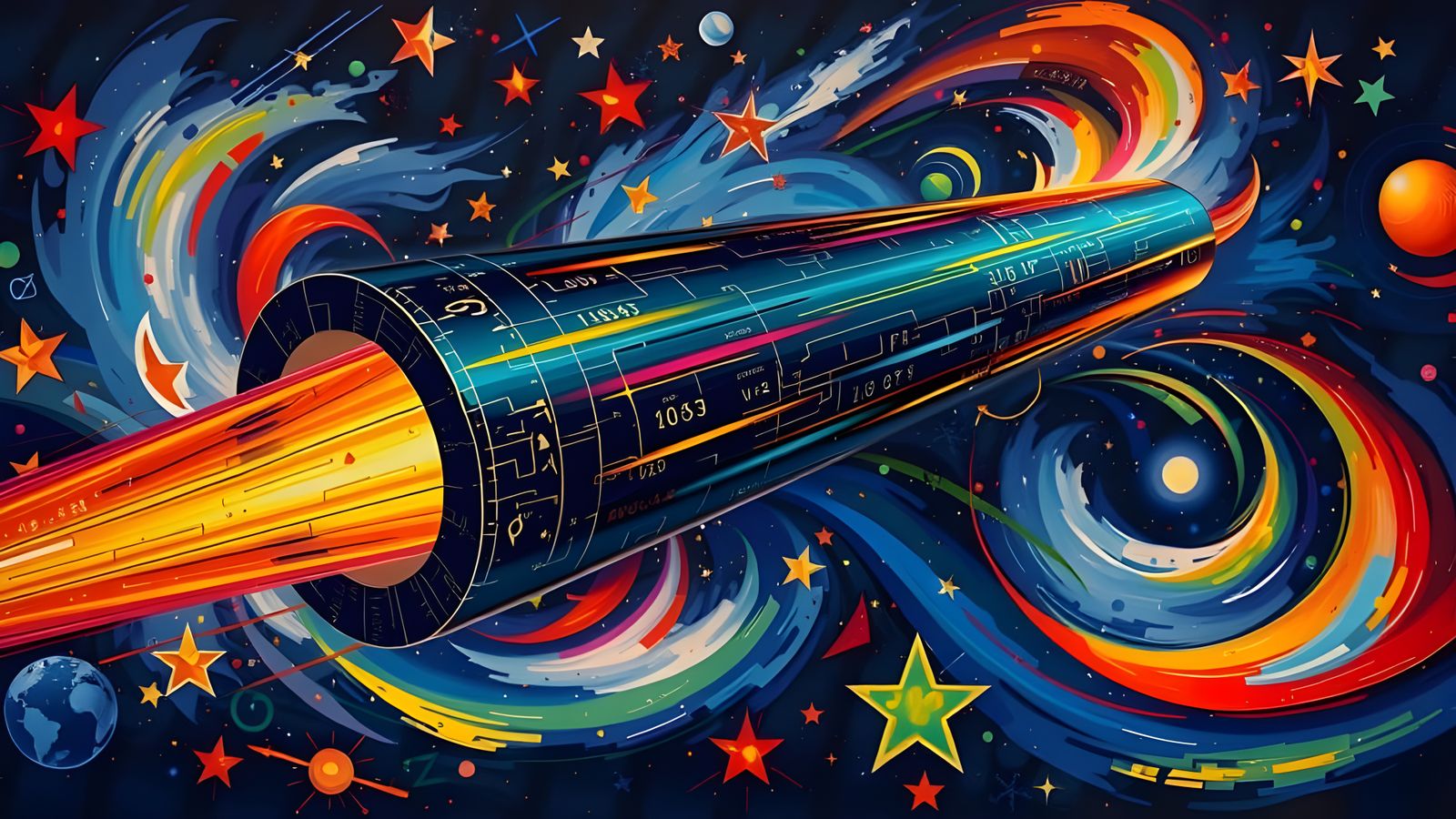 Cylinder Races Through Starry Cosmos as Impasto Painting