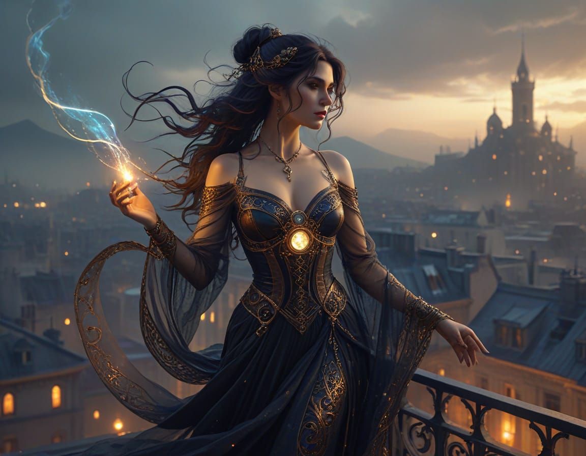 Steampunk Sorceress Conjuring Magic on Rooftop
