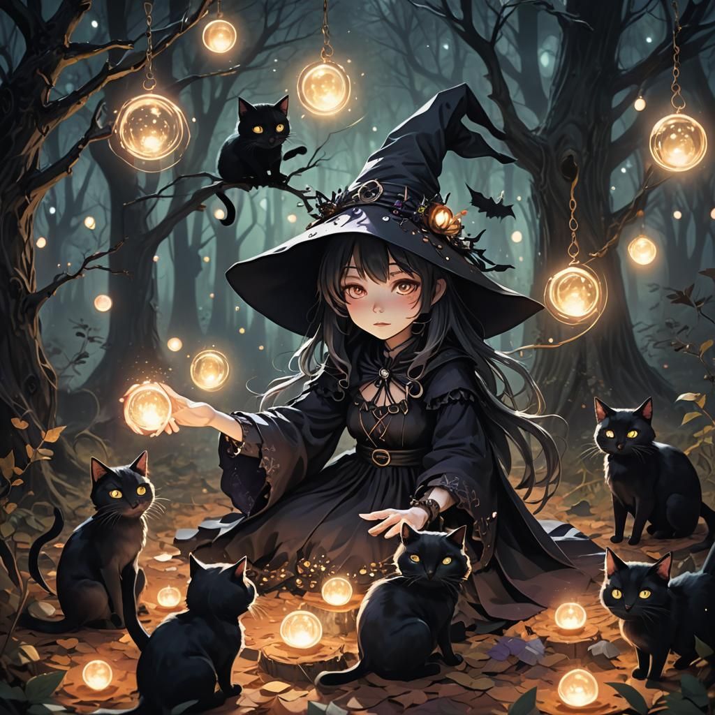 Mystical Witchcraft in Anime Style With Black Cats
