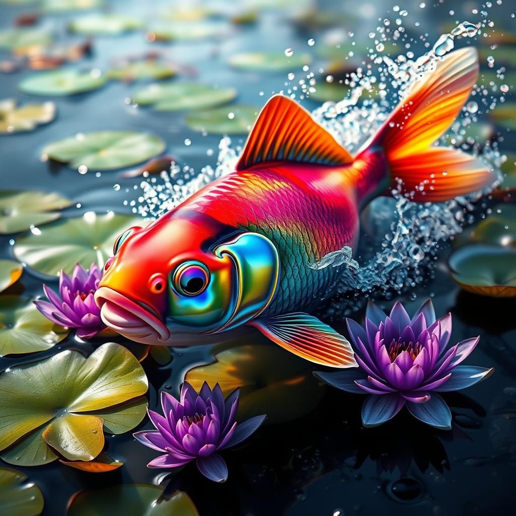Rainbow Carp Leaps from Lily Pond: Impressionist Style