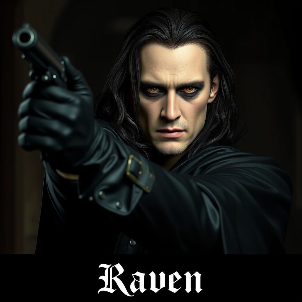 Mysterious Figure in Black Leather Cloak, Grasping Pistol in...