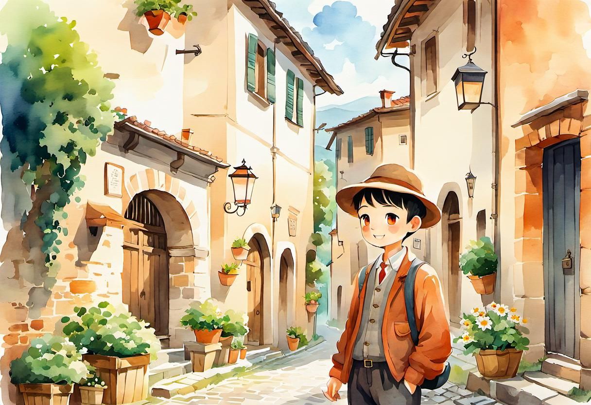 Happy Boy in Piedmont Village: Lo-fi Watercolor
