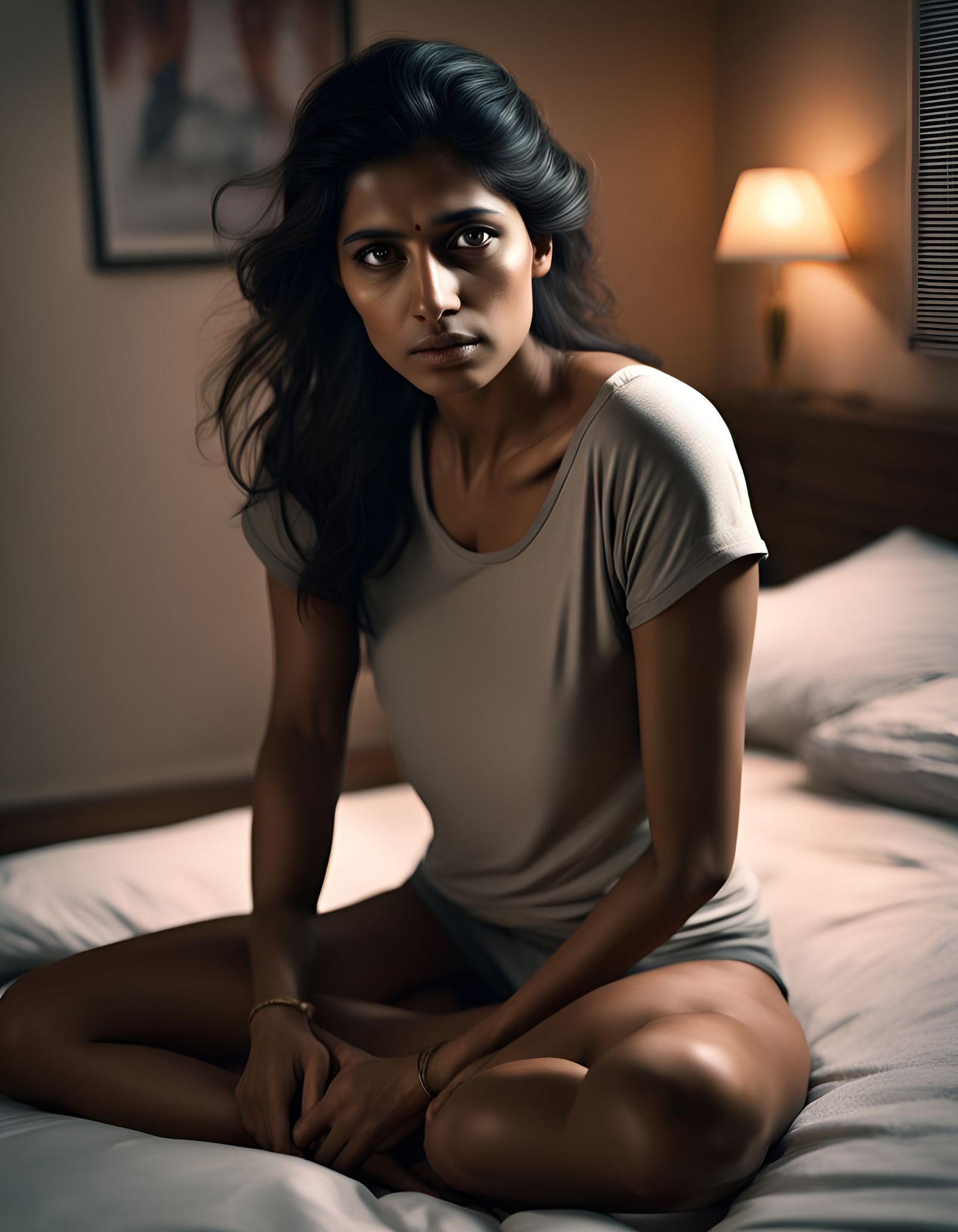 Expressive Indian Woman in Bedroom, Detailed Digital Art