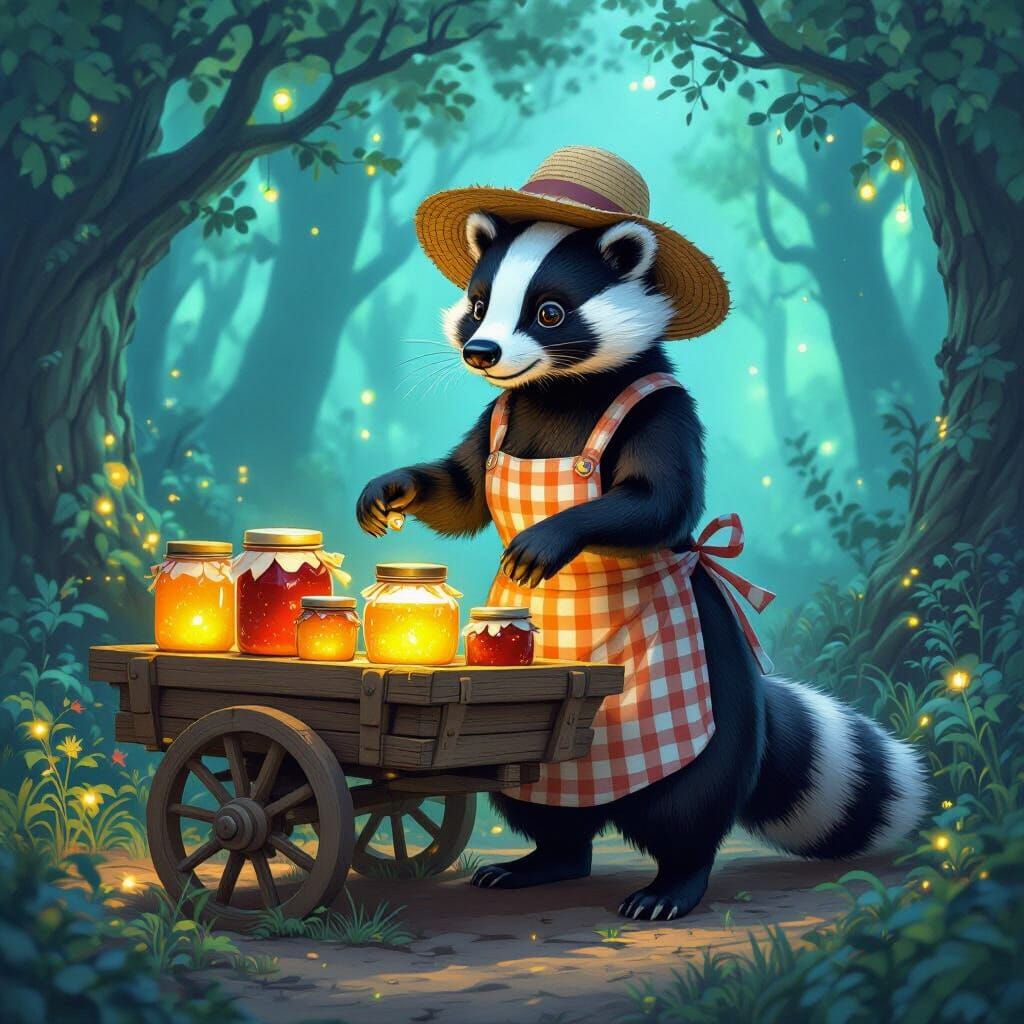 Badger Goddess Arranges Glowing Honey in Fantasy Forest
