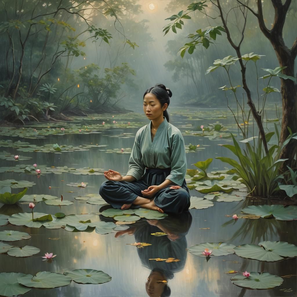 Tonalist Painting of Meditating Figure in Nature