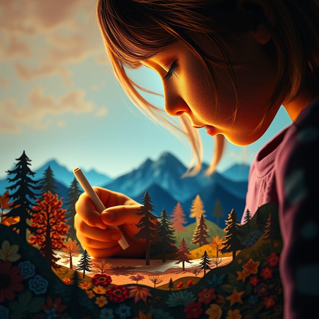 Girl Crafts Paper Autumn Landscape, Dramatic Lighting