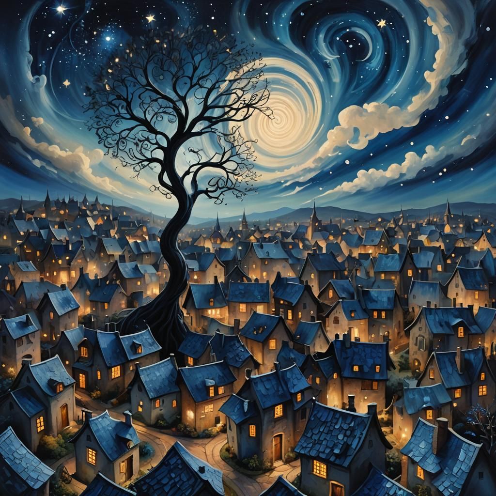 Whimsical Village Under Starry Sky in Zaffre Hues