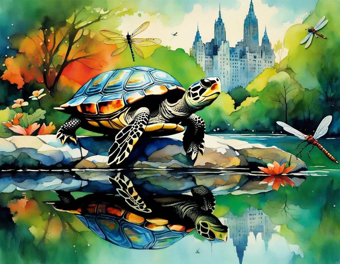 Turtle and Dragonfly in Central Park: Whimsical Illustration