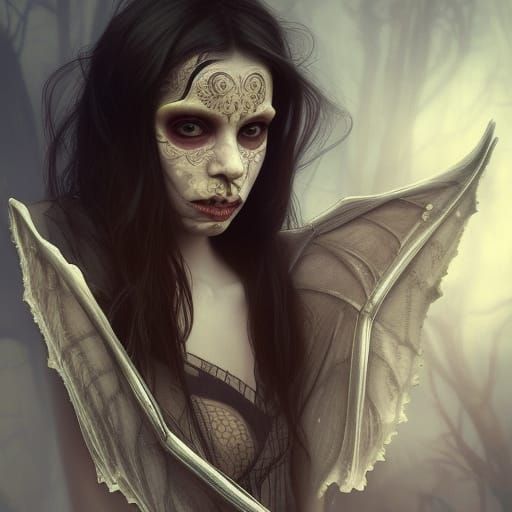 Detailed Ghoul Portrait with Bat Wings