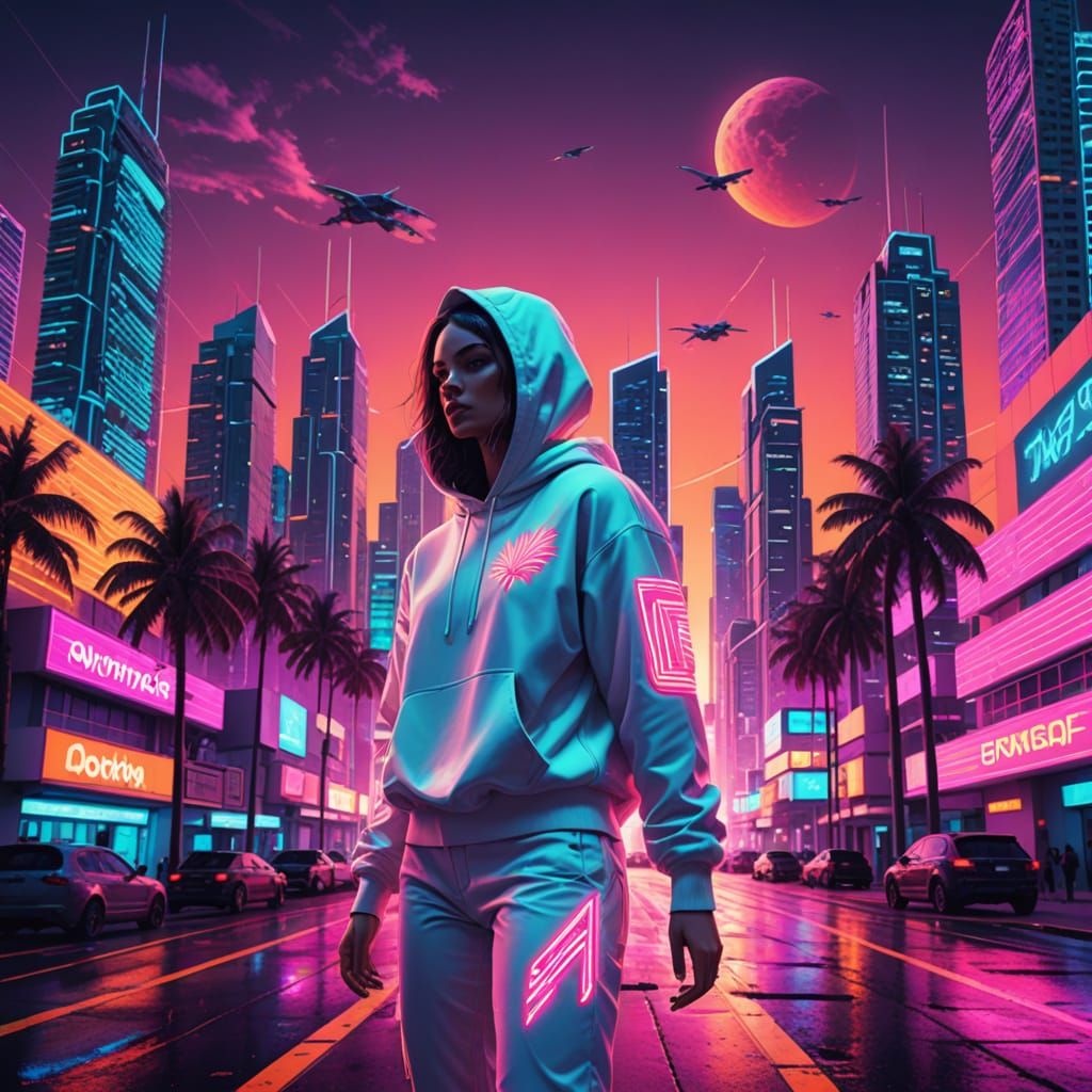 Girl in Neon Cityscape as Digital Painting