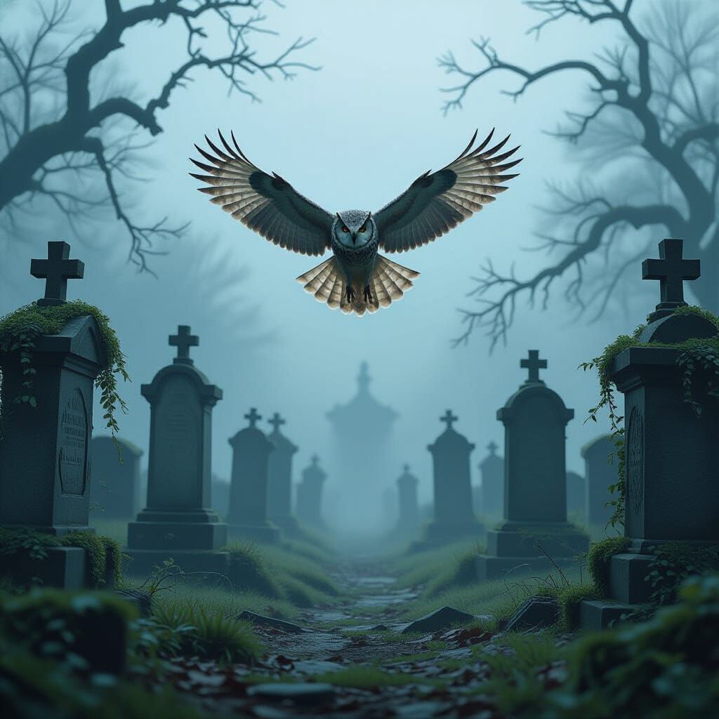 Large Owl flies through a Misty Cemetery