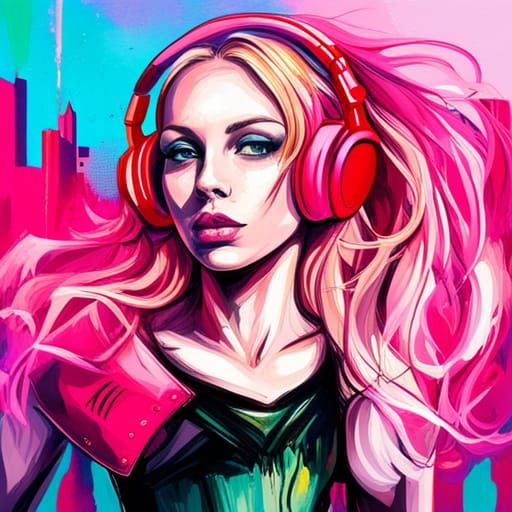 Blonde Girl with Pink Bikini in Graffiti Art Style