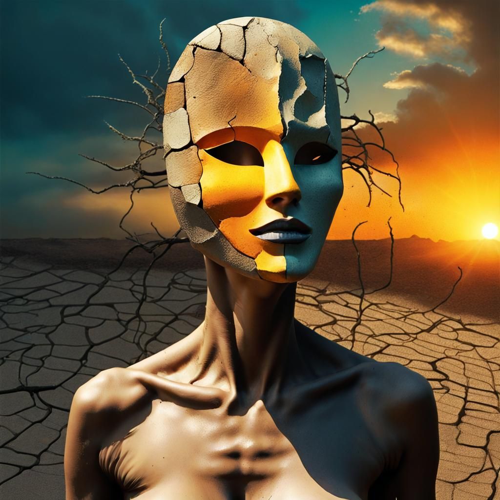 Beksiński Style Masked Woman in Broken Landscape