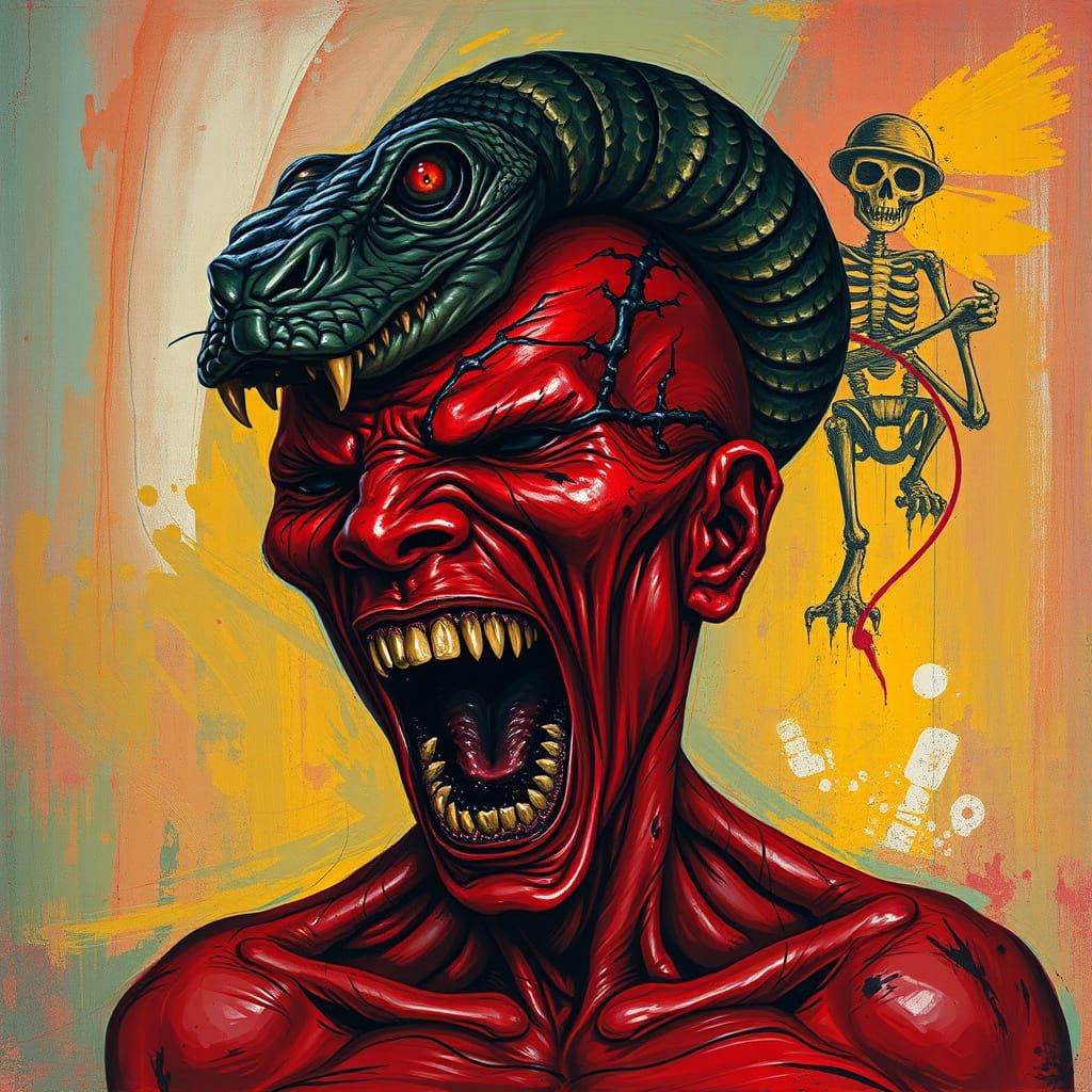 Anguished Serpent-Headed Man in Abstract Setting