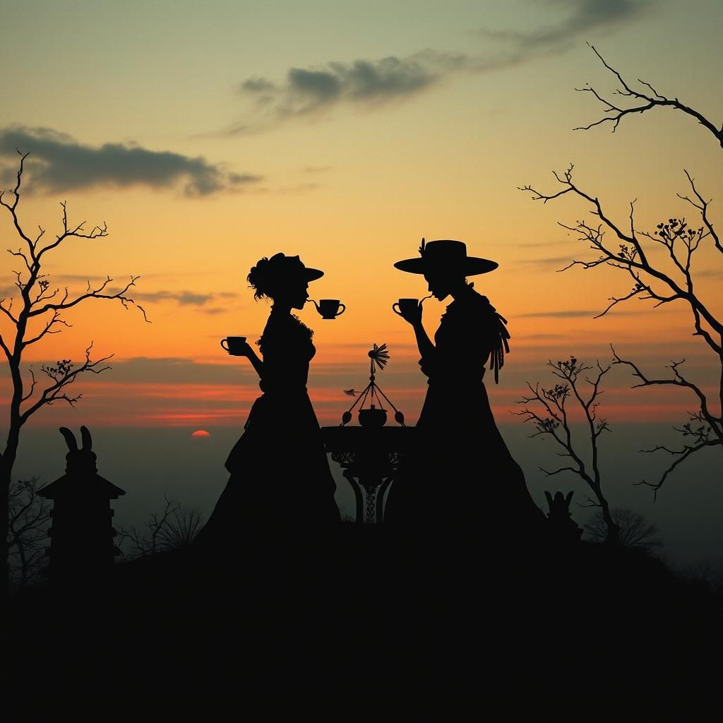 Silhouettes Drinking Tea in Twilight, Collage Kintsugi