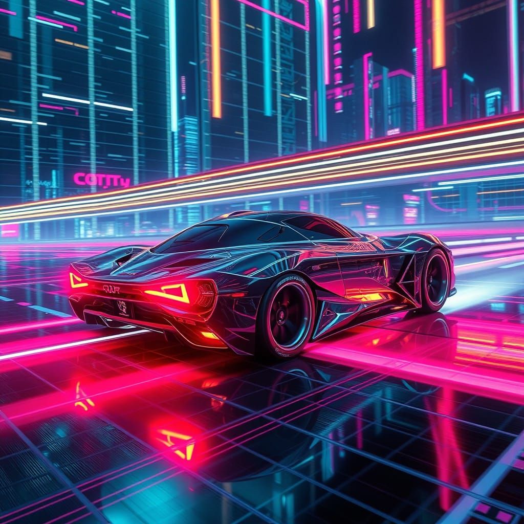 Sleek Transparent Car on Futuristic Neon Grid