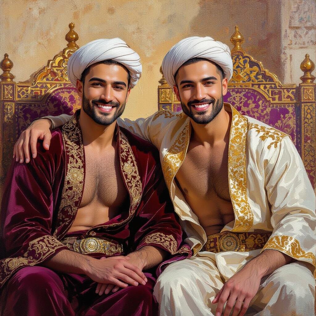 Two Princes on Throne in Arabian Palace, Impressionist Style