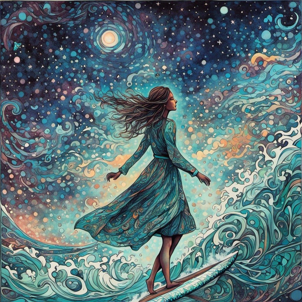 Woman Walks in Doodly Universe with Zentangle Style