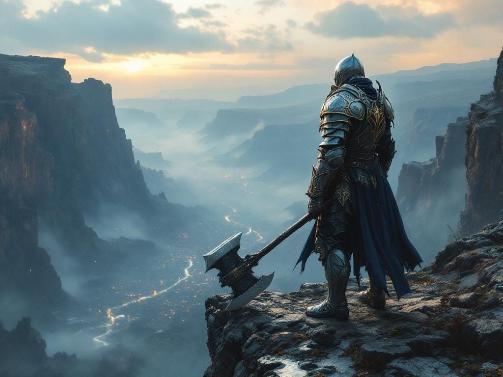 Knight on Battlefield Overlook at Dawn