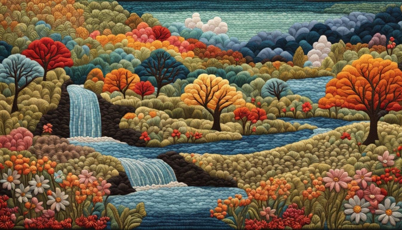 Vibrant Whimsical Quilted Landscape with Dragons and Floral ...