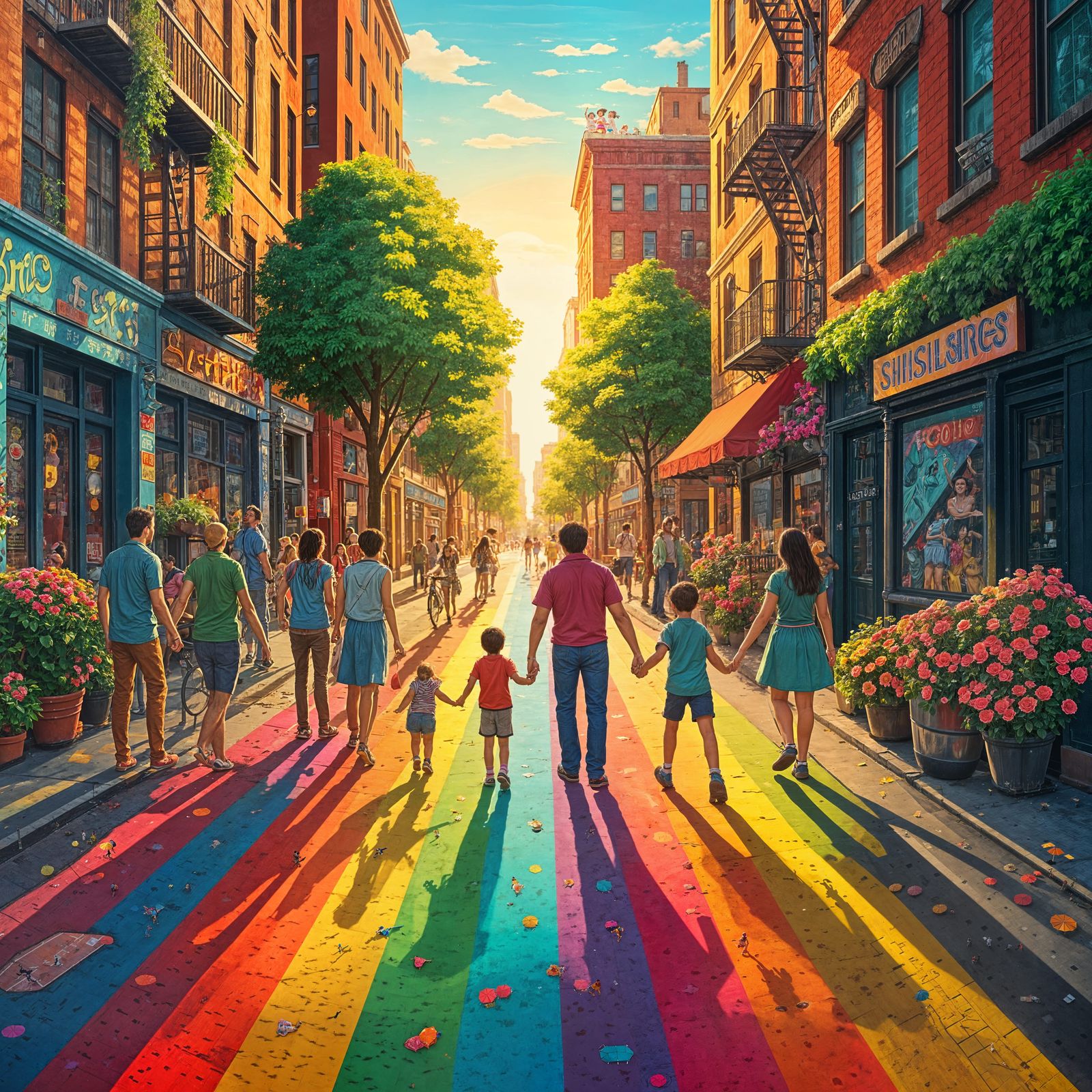 Rainbow Crosswalk in Vibrant City Scene
