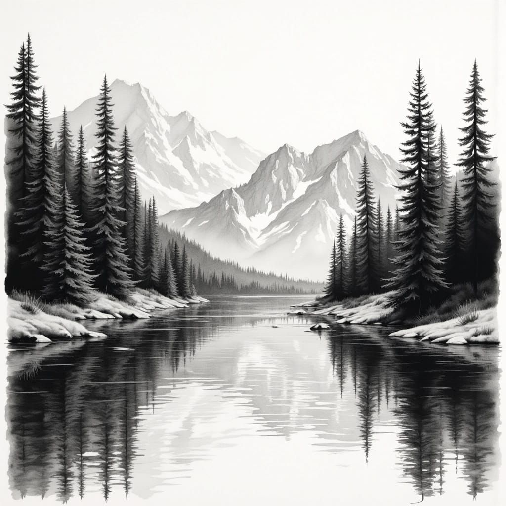 Tranquil Mountain Lake in Charcoal Grayscale