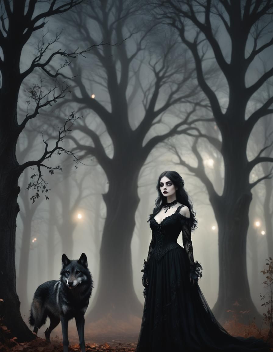 Gothic Woman with Wolf in Misty Autumn Forest