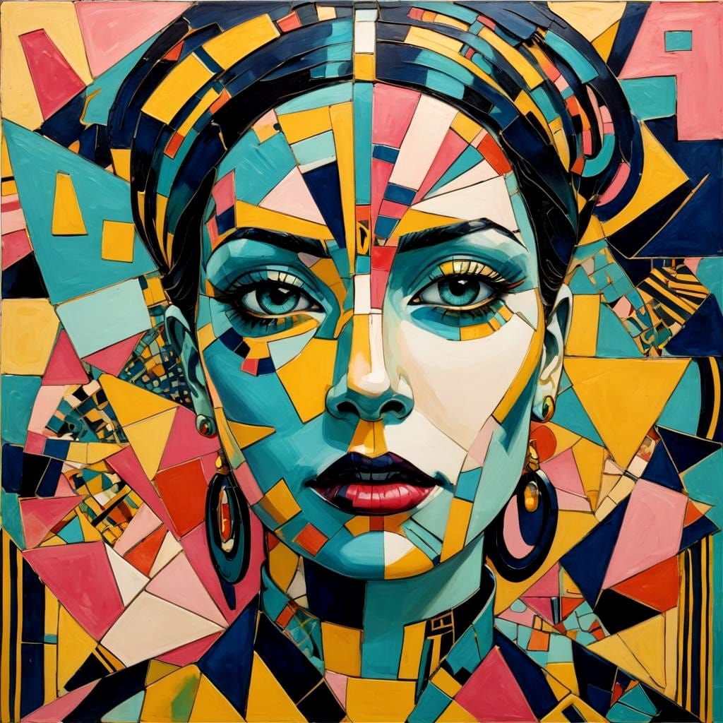 Gorgeous Woman: Cubist Collage Portrait in Folk Art Style