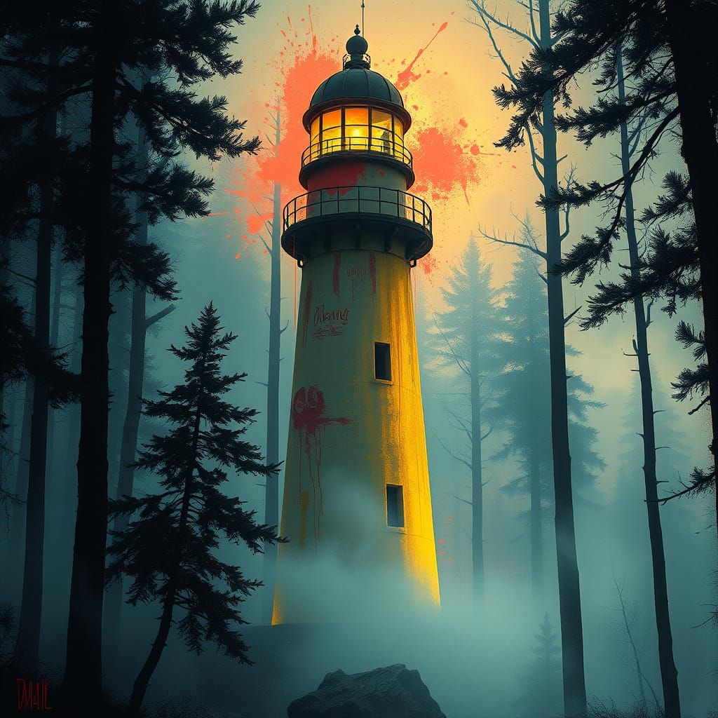 Atmospheric Forest Lighthouse in Vibrant Graffiti Art Style