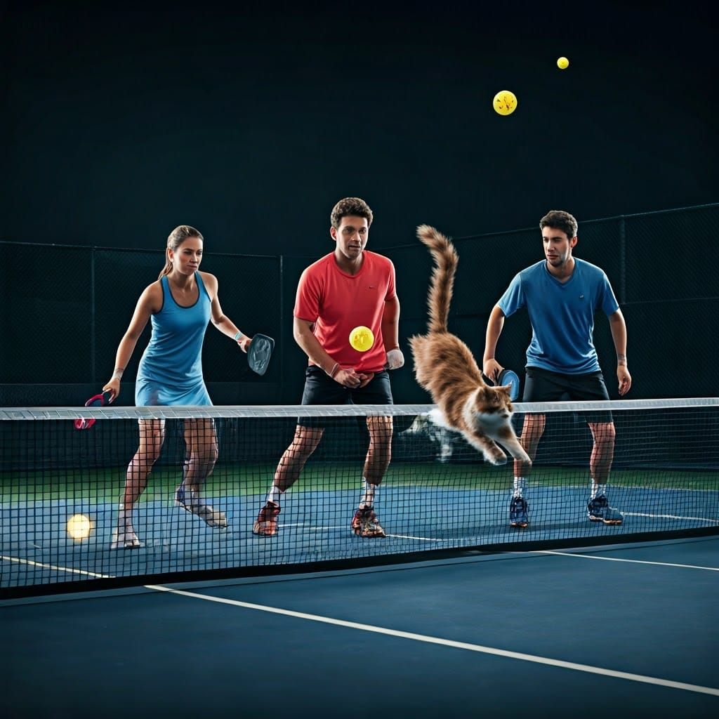 Pickleball Players Interrupted by Cat, Hyperrealistic Style